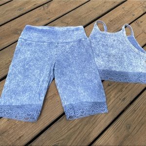 Denim blue cotton workout set with lace trim